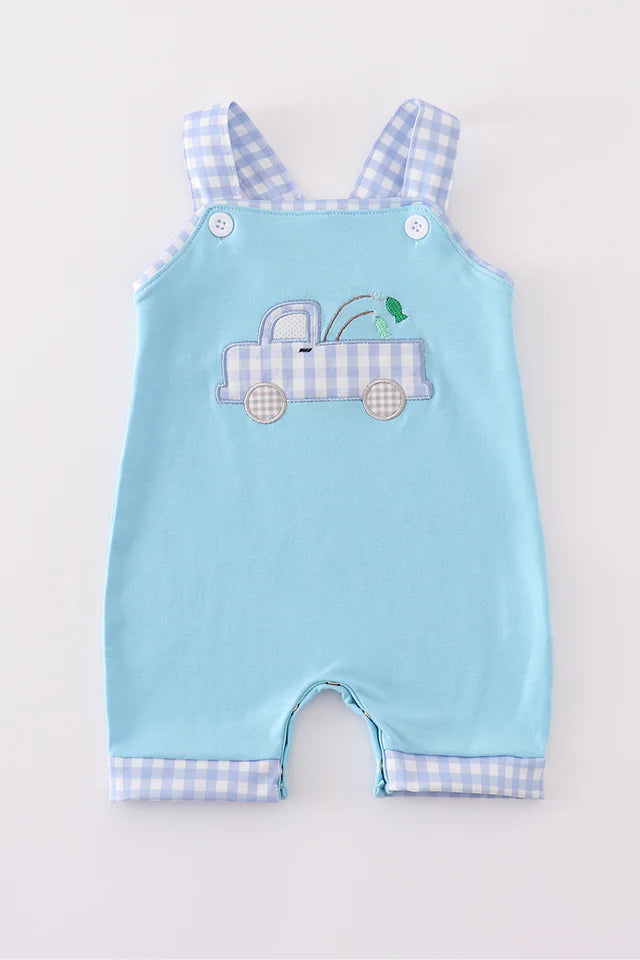 Baby Boy's Blue Gingham Truck Romper