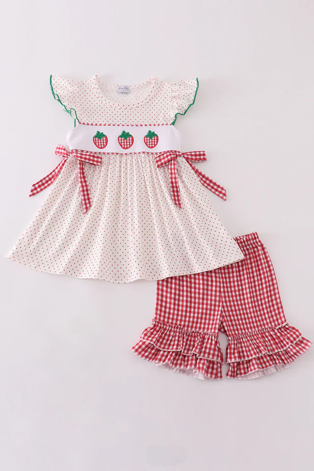 Strawberry Gingham Top with Ruffle Shorts Set
