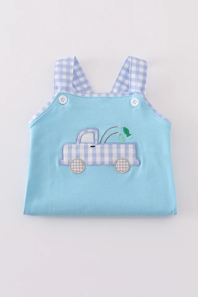 Baby Boy's Blue Gingham Truck Romper