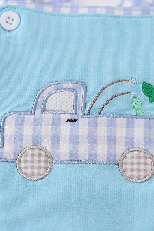Baby Boy's Blue Gingham Truck Romper