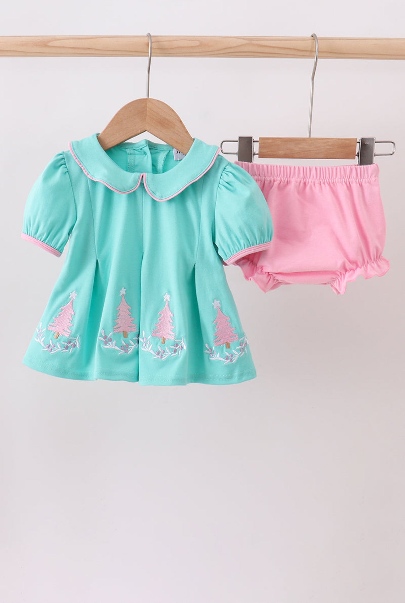 Mint & Pink Holiday Tree Embroidered Bloomer Set