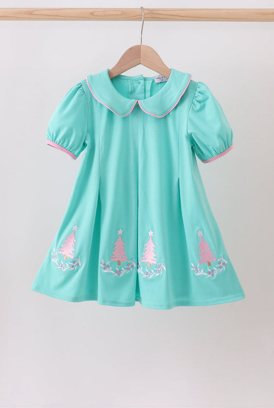 Mint Holiday Tree Embroidered Dress
