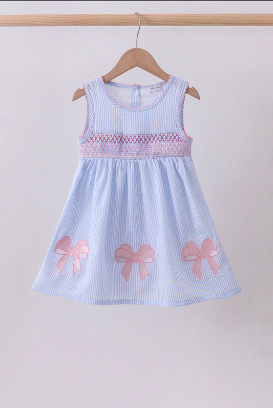 Pink Bow Seersucker Smocked Dress