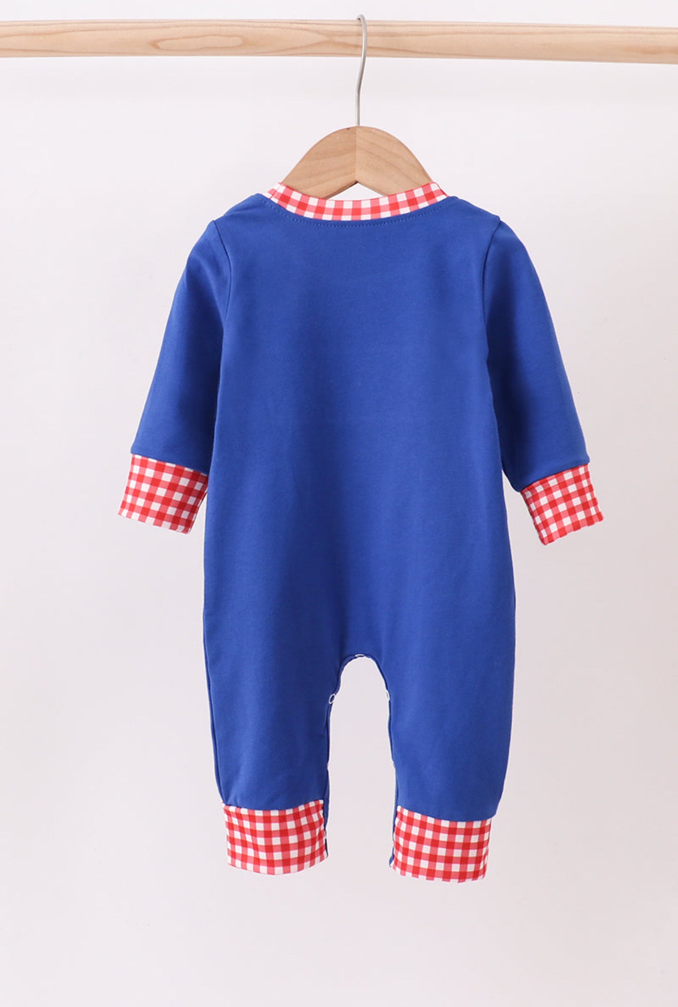 Little Heroes Checkered Romper – Blue & Red Superhero One-Piece