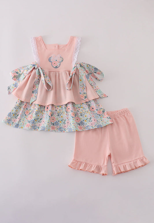 Floral Mouse Bow 2-Piece Set – Pink Lace Top + Ruffle Shorts