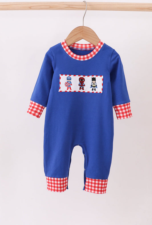 Little Heroes Checkered Romper – Blue & Red Superhero One-Piece