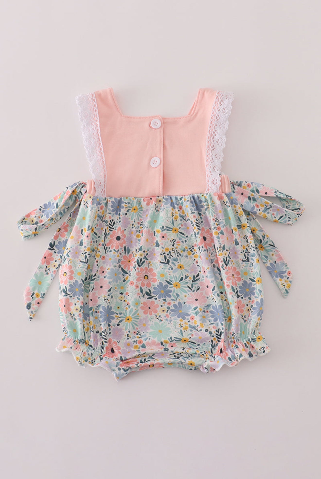 Floral Mouse Bow Romper – Pastel Garden Lace Bubble