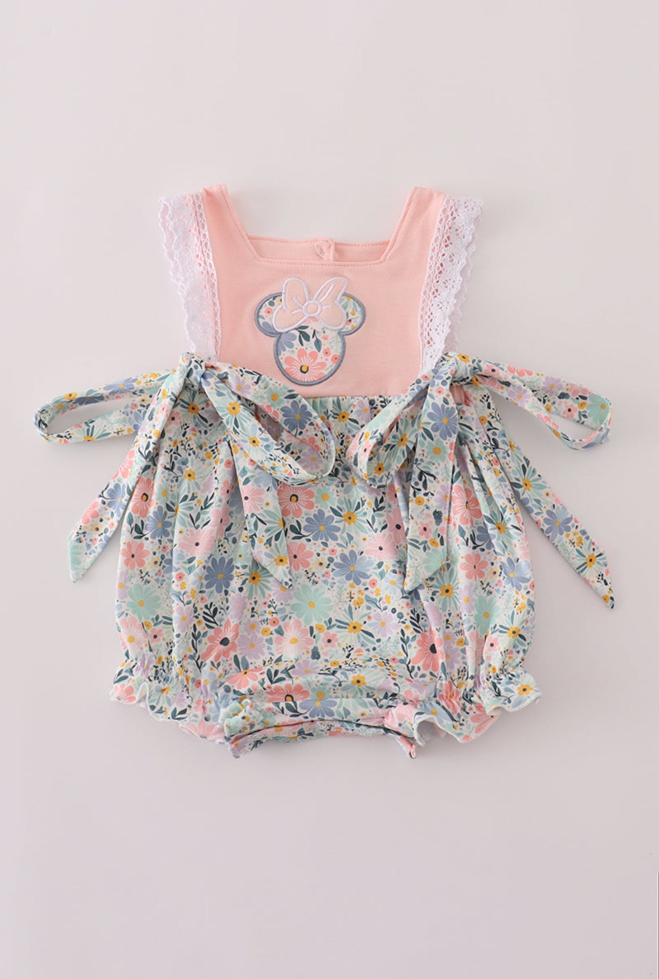 Floral Mouse Bow Romper – Pastel Garden Lace Bubble