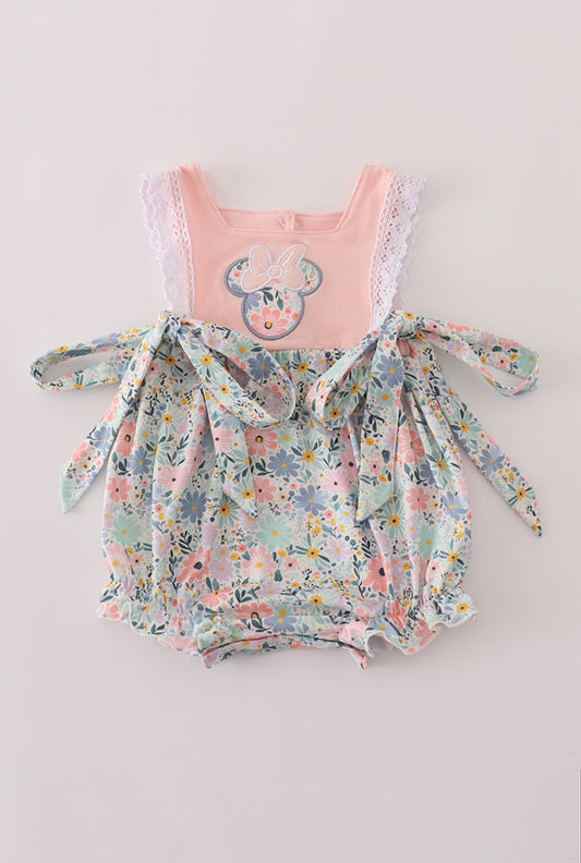 Floral Mouse Bow Romper – Pastel Garden Lace Bubble
