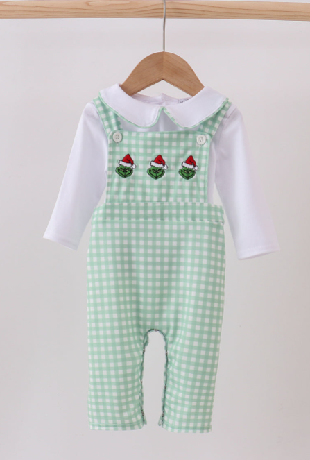 Mint Gingham Grinch Smocked Jon Jon – Matching Sibling Set
