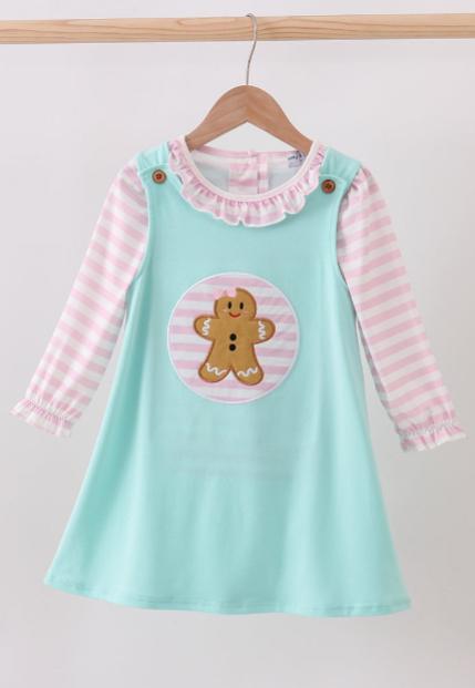 Mint Gingerbread Girl Jumper Dress Set – Holiday Sweetheart Outfit